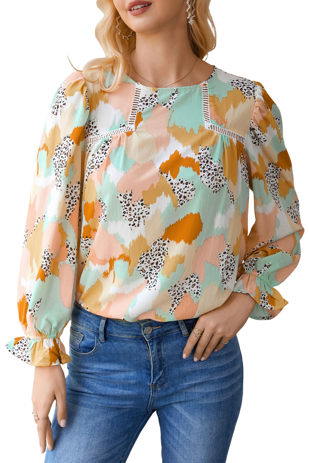 Multicolor Abstract Bohemian Puff Sleeve Blouse