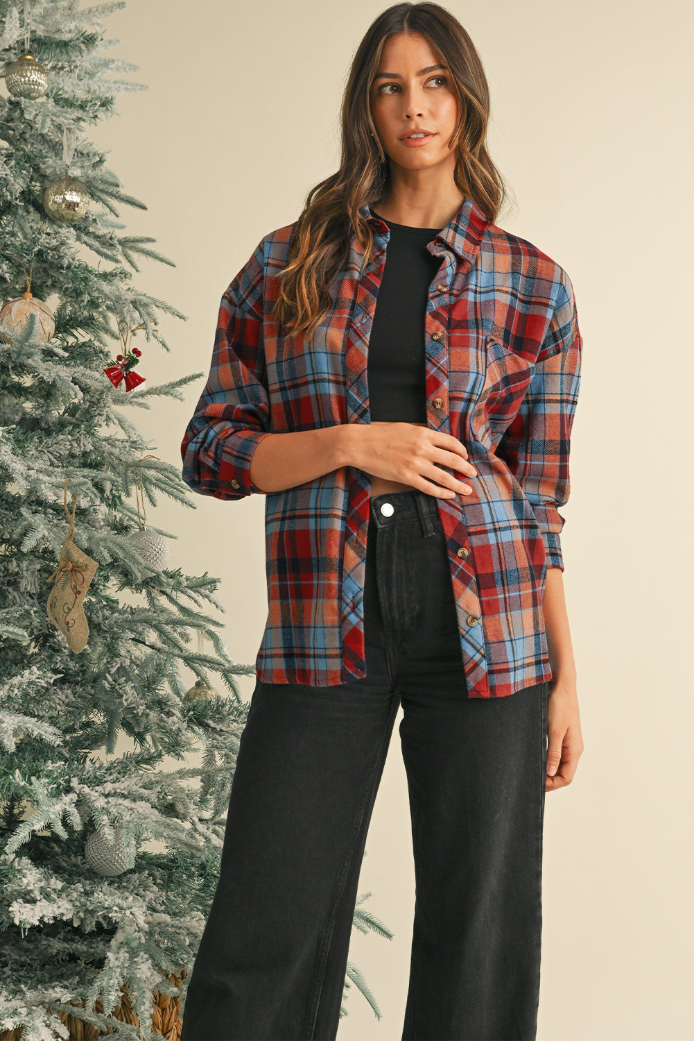 Red Plaid Print Drop Sleeve Loose Shirt