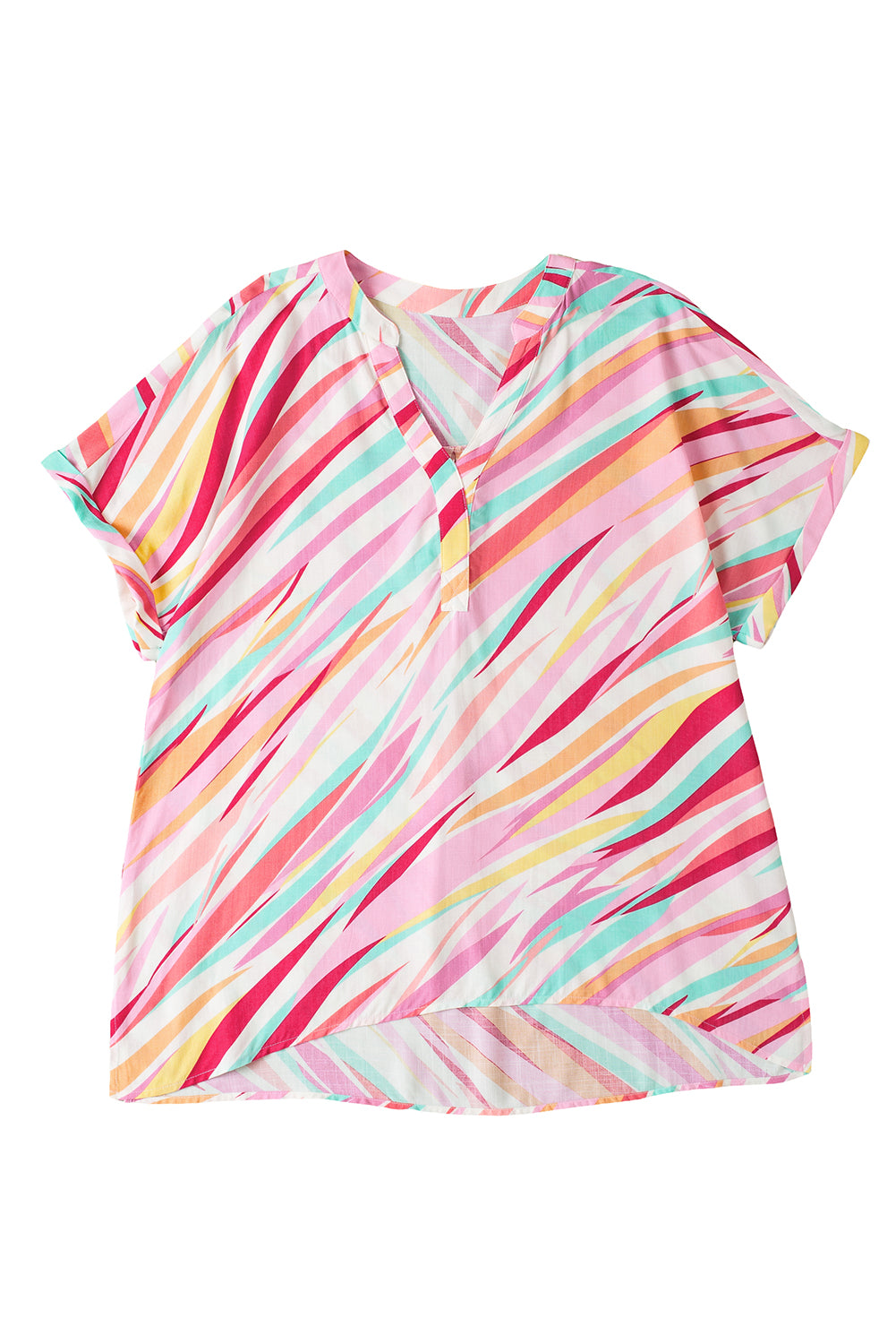 White Abstract Print Short Sleeve Notched Neck Plus Size Top