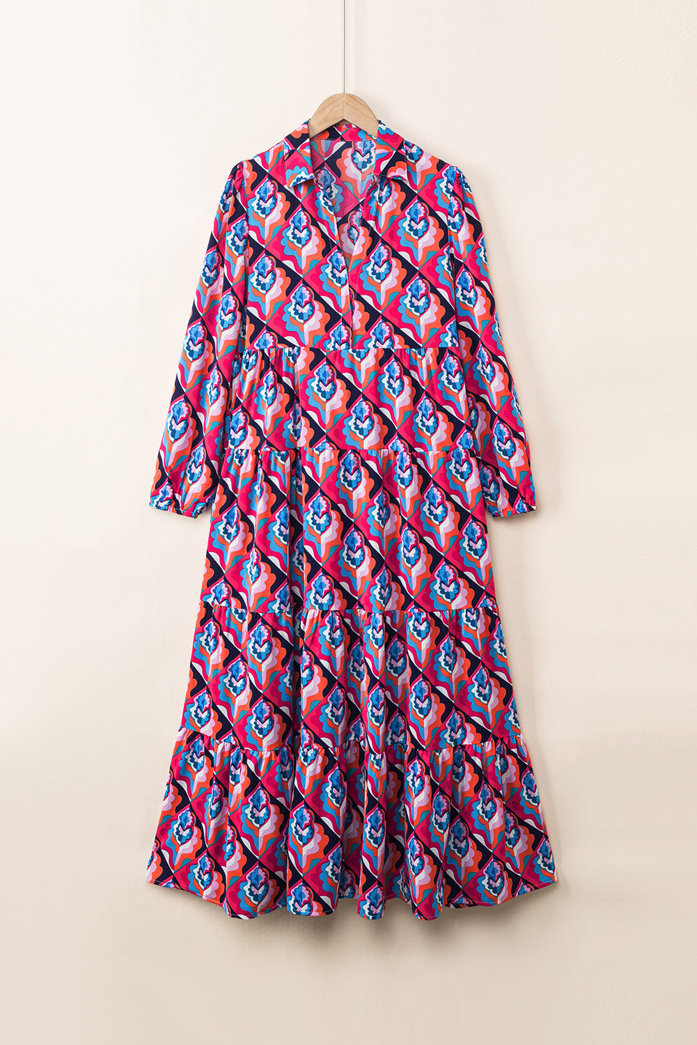 Multicolor Abstract Geometric Print Notch Neck Tiered Boho Dress