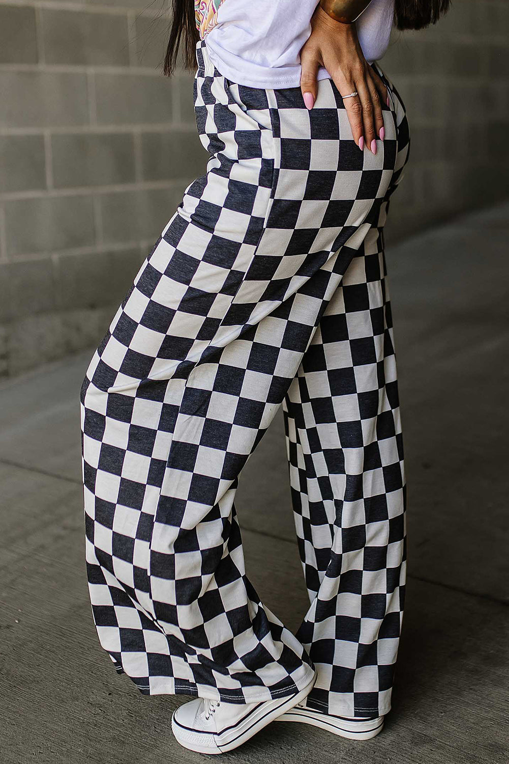 Green Checkered Print High Waist Wide Leg Pants