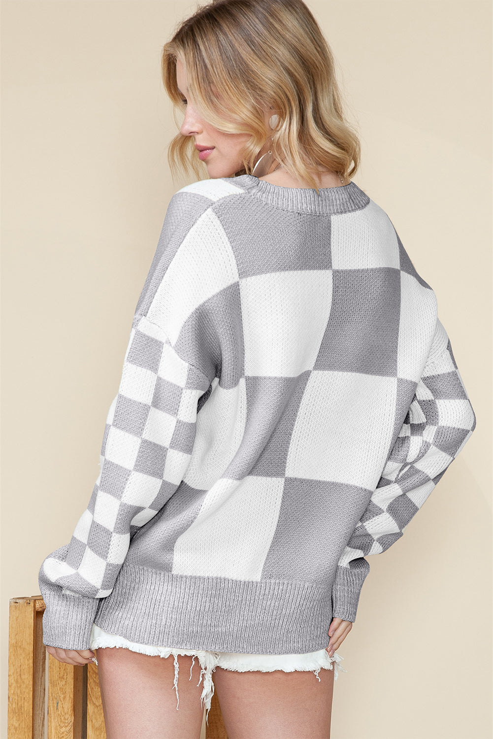 Grey Plaid Knitted Drop Shoulder Loose Fit Sweater