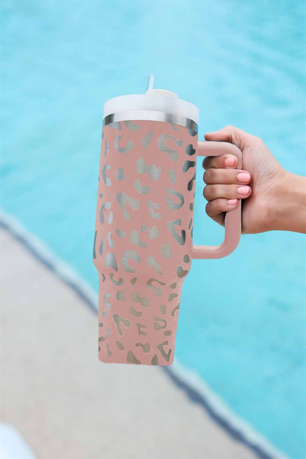 Pink 40oz Stainless Steel Portable Leopard Tumbler Mug With Handle