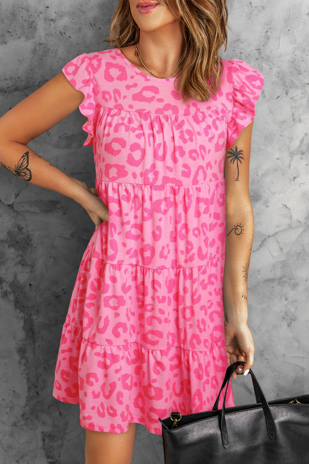 Pink Leopard Round Neck Ruffle Tiered Mini Dress