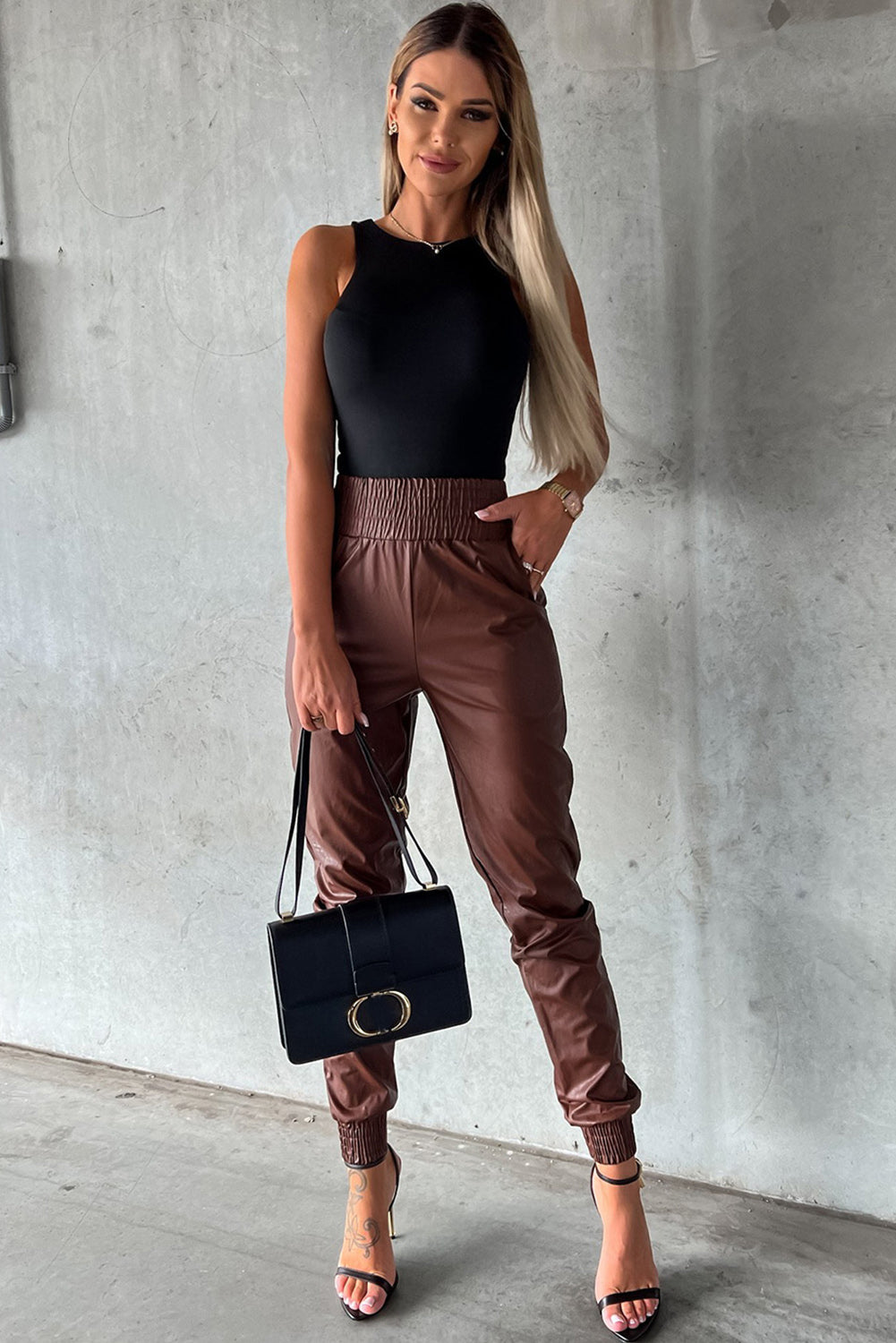 Black Smocked High Waist Leather Skinny Pants