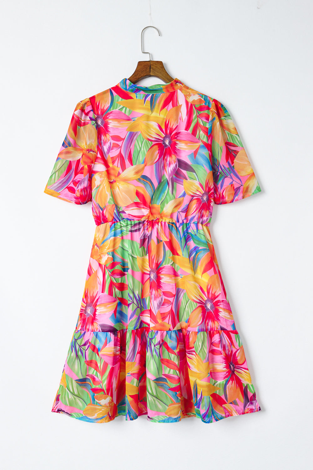 Multicolor Floral Print V Neck Short Sleeve Flared Dress