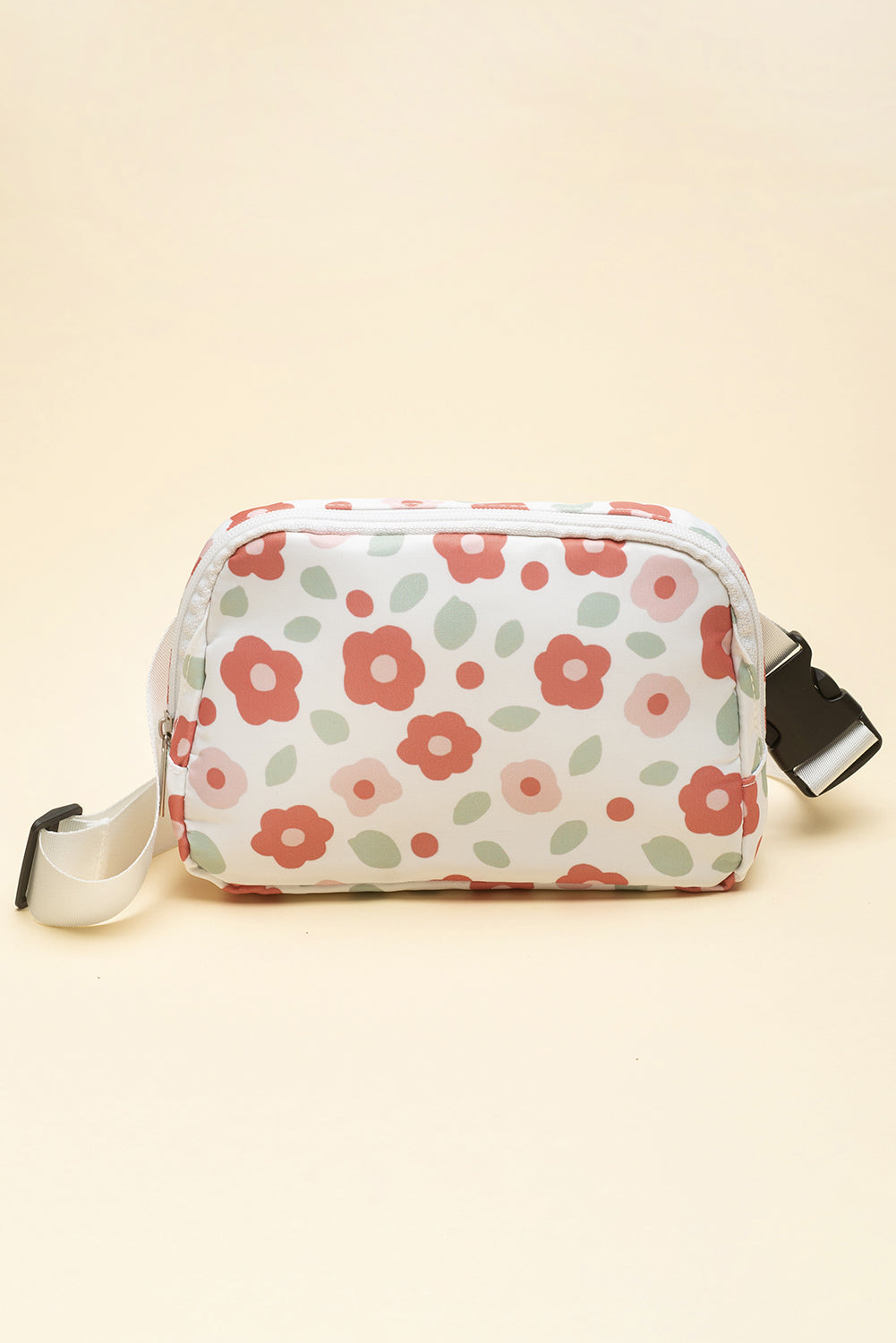 White 60s Vintage Flower Print Zip Up Crossbody Bag