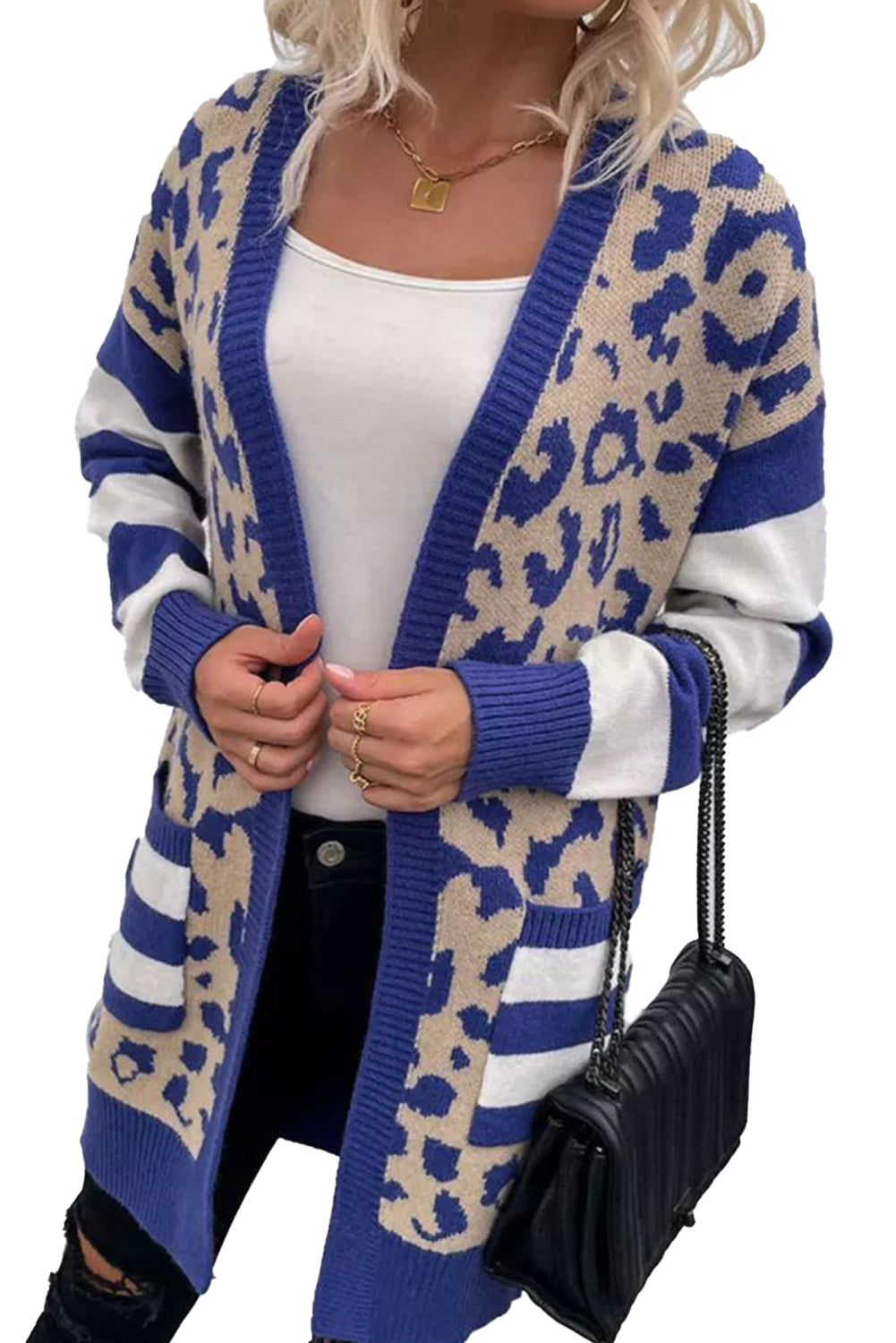 Black Stripe Sleeve Leopard Print Cardigan