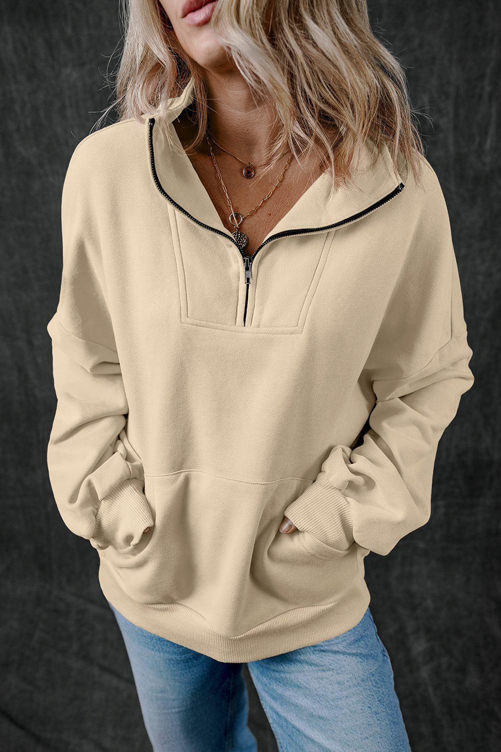 Black Zip-up Stand Neck Kangaroo Pocket Sweatshirt