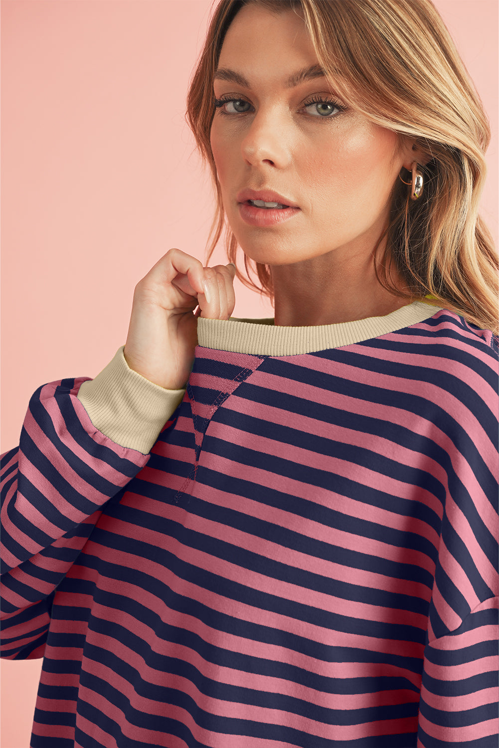 Sky Blue Stripe Contrast Edge Oversized Pullover