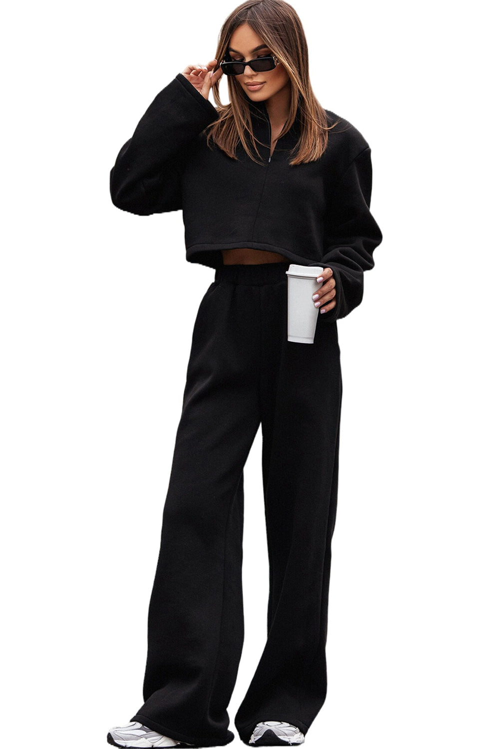 Black Zipped Collared Cropped Top and Wide Leg Pants Set