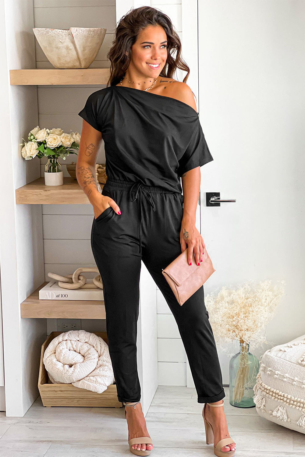 Black Tie Waist Off Shoulder Short Sleeve Tapered Jumpsuit