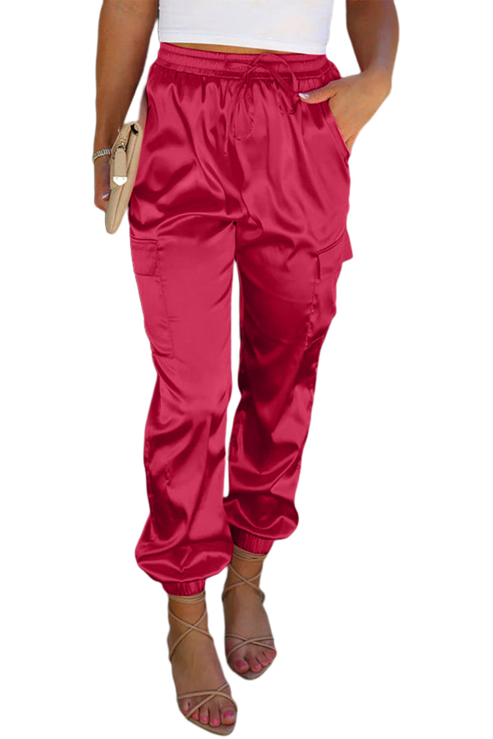 Rose Satin Pocketed Drawstring Elastic Waist Jogger Pants