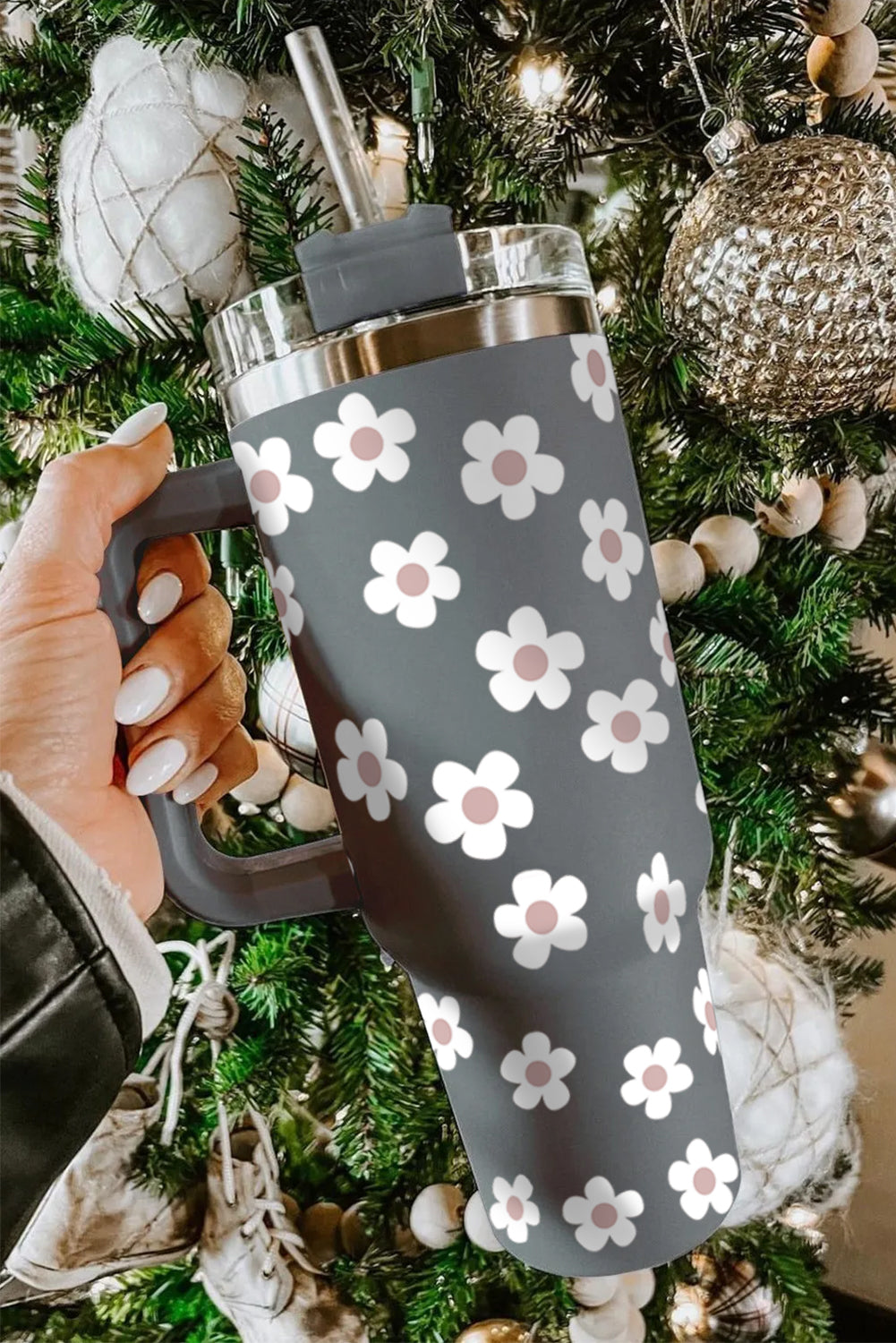 Black Floret Print Stainless Tumbler With Lid And Straw