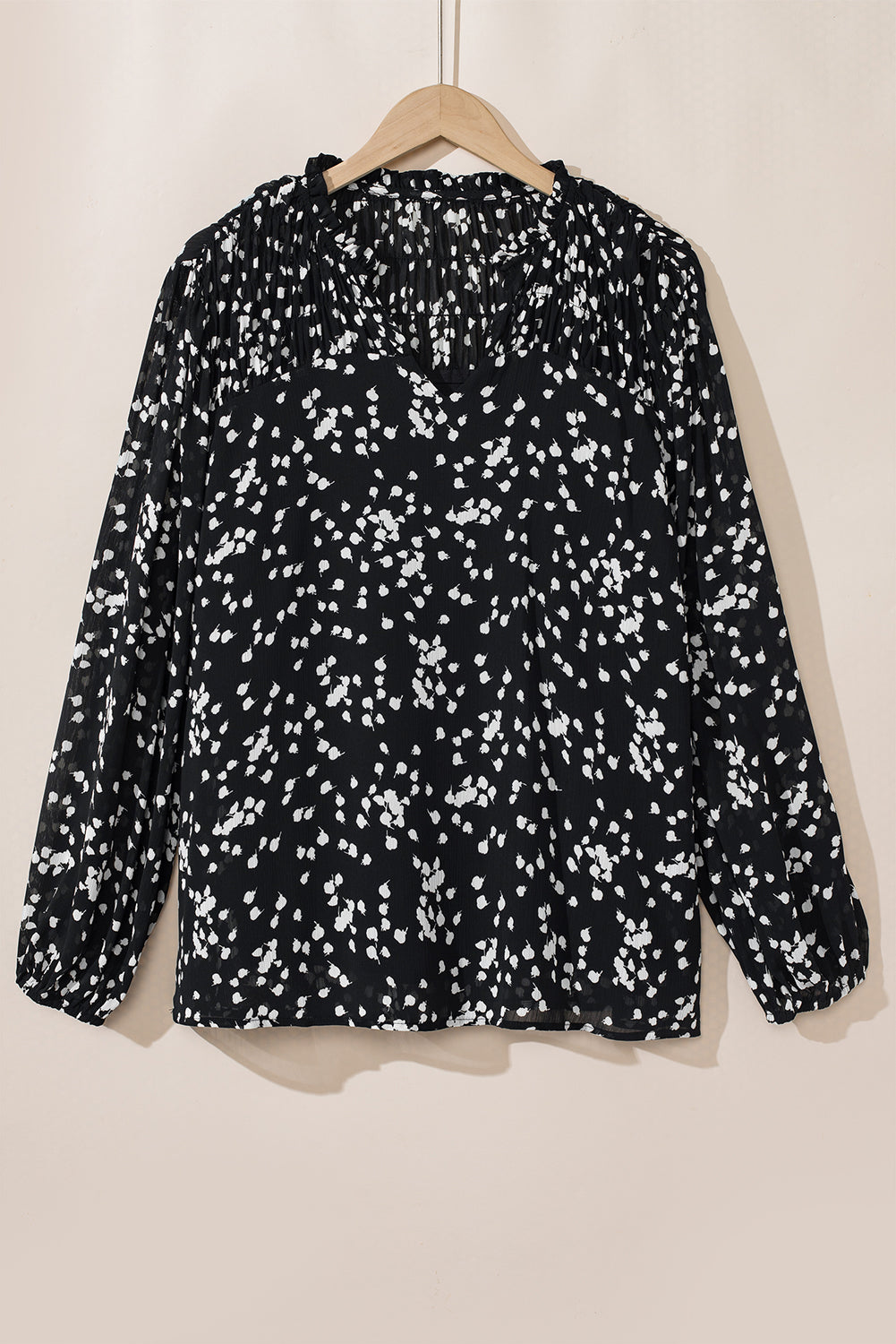 Black Printed Split Neck Shirred Bubble Sleeve Blouse