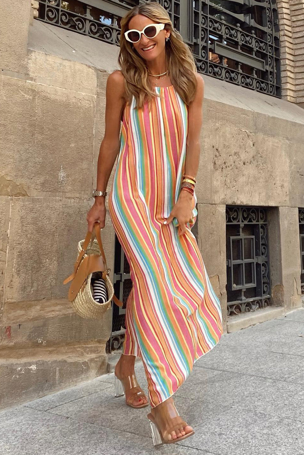 Bohemian Striped Print Colorblock Sleeveless Maxi Dress