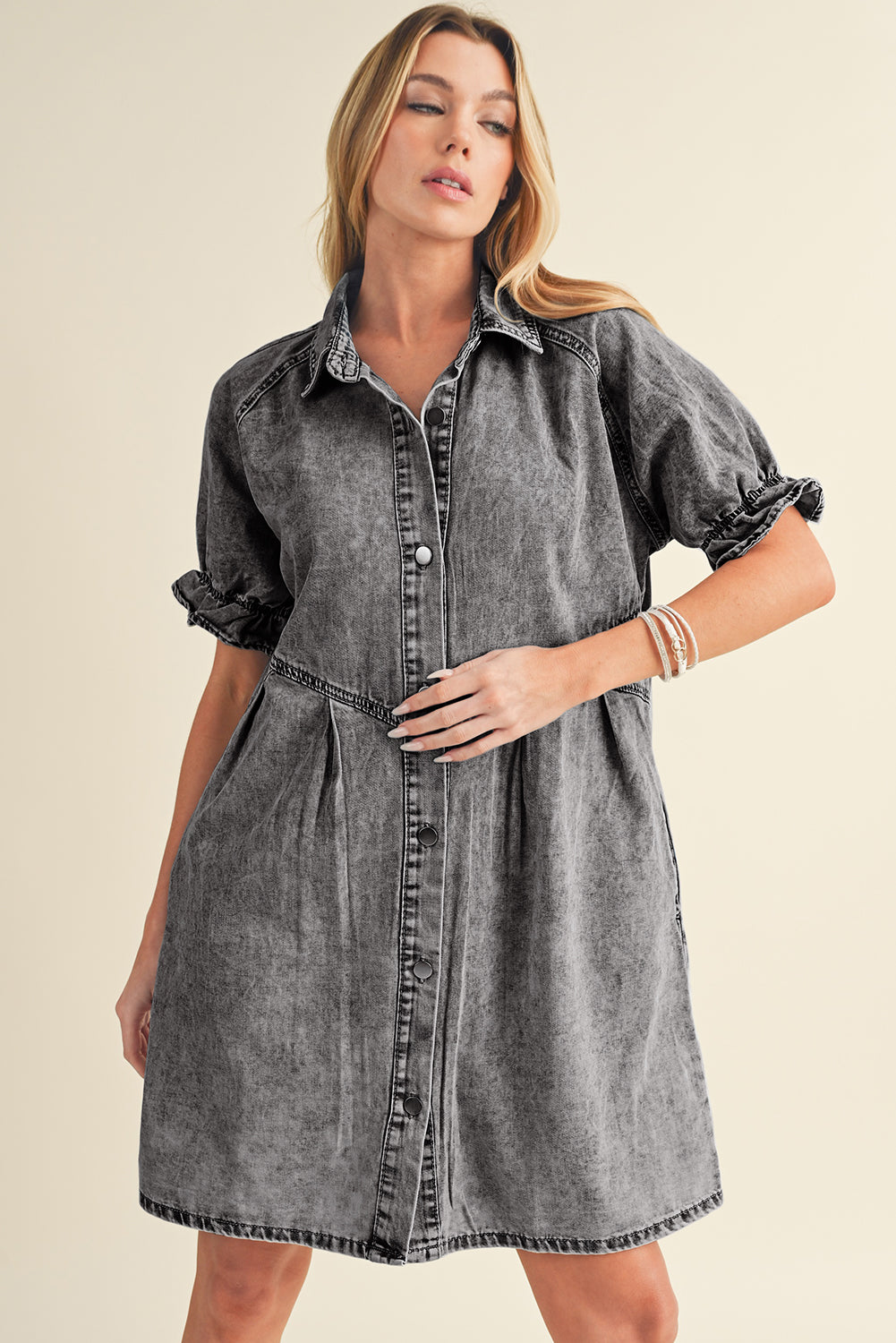 Medium Grey Mineral Washed Ruffled Short Sleeve Pocketed Denim Dress