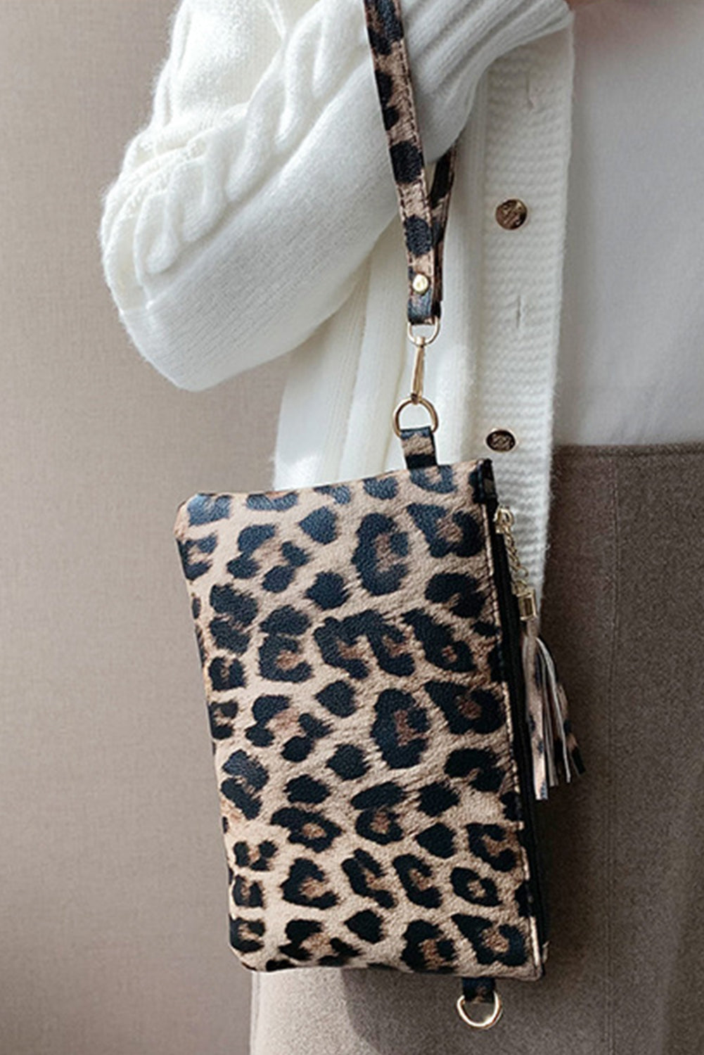 White Leopard Print Wrist Strap Zipped Wallet