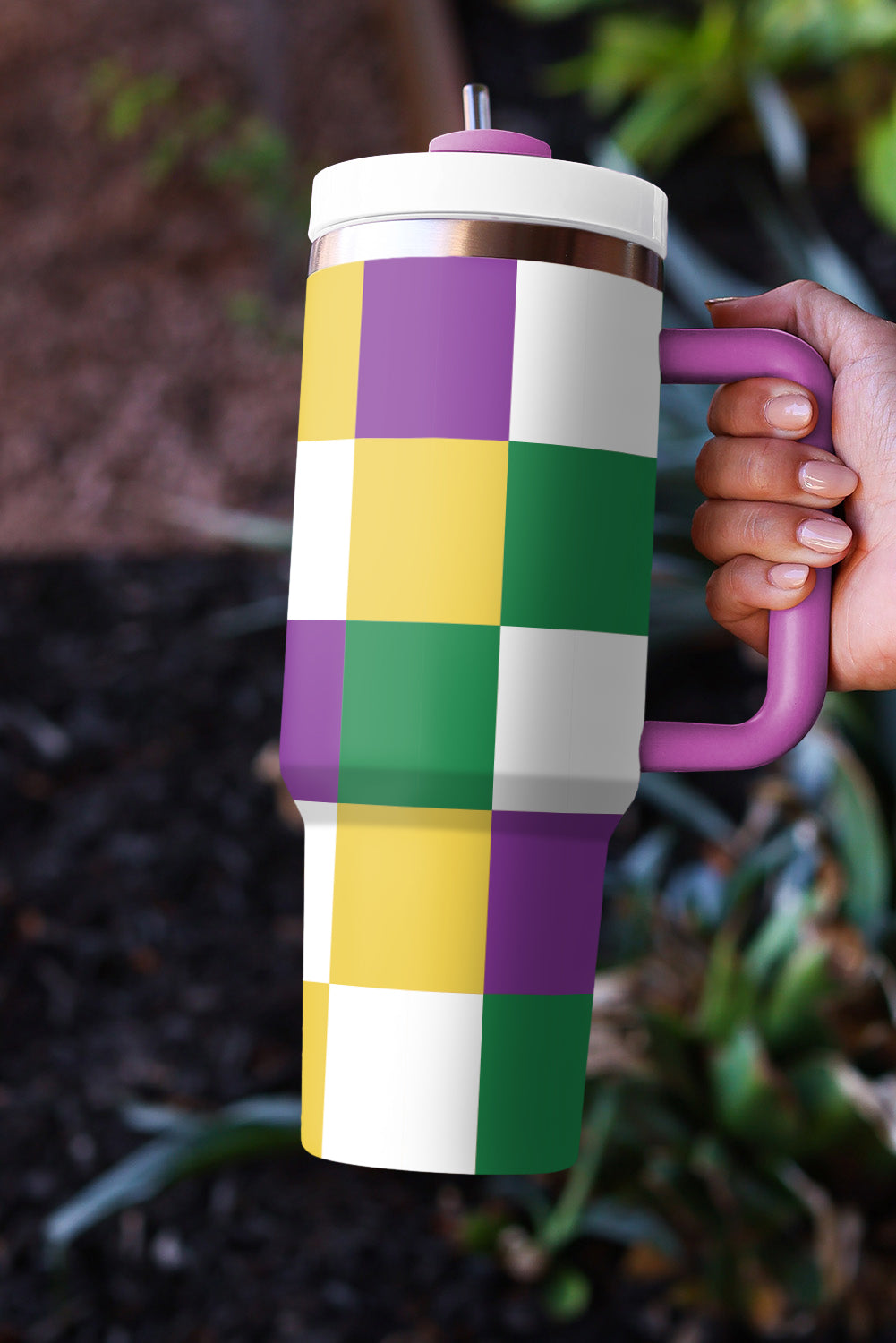 Tillandsia Purple Mardi Gras Checkered Print Handle Tumbler Cup