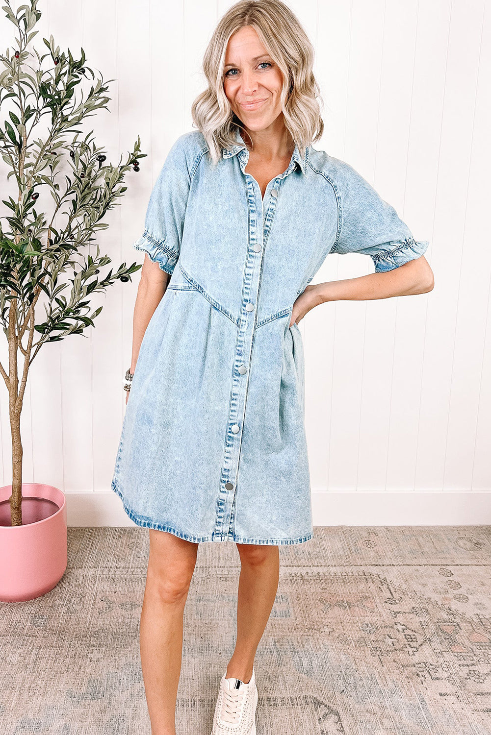 Medium Grey Mineral Washed Ruffled Short Sleeve Pocketed Denim Dress