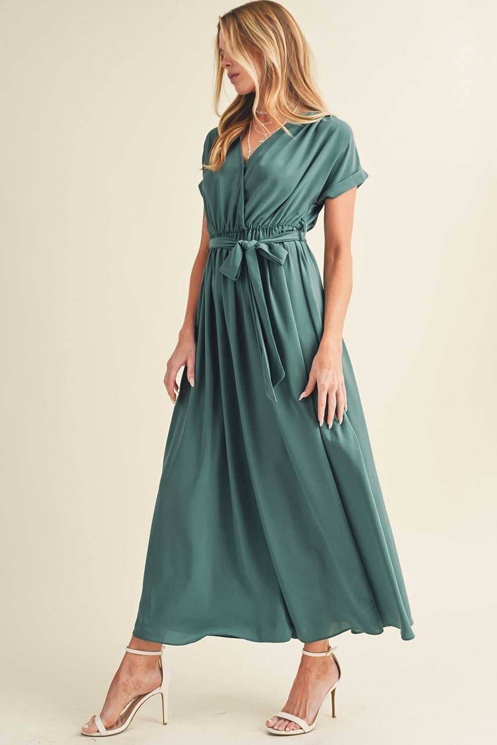 Green Wrap V Neck Belted Pleated Maxi Dress