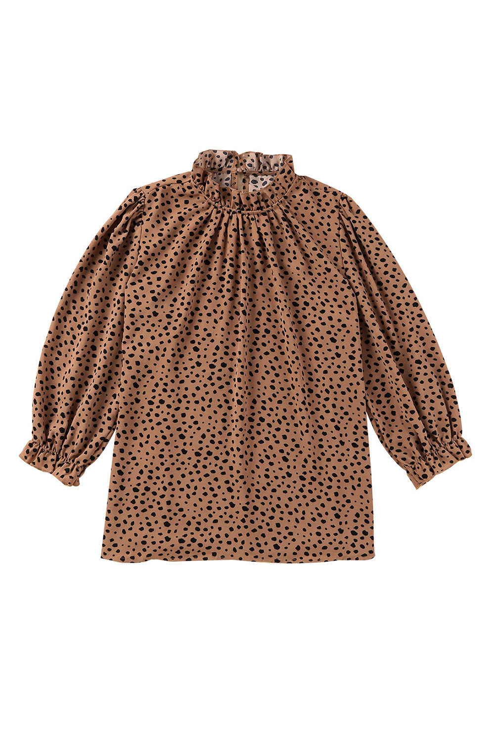 Khaki Leopard 3/4 Ruffle Sleeve Frill Neck Blouse