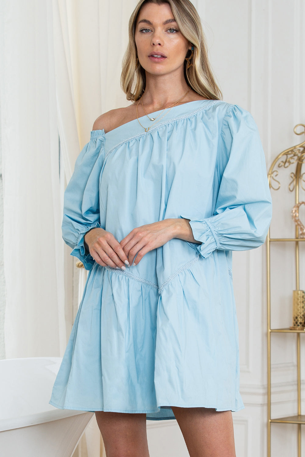 Sky Blue Puff Sleeve Asymmetric Pleated Flowy Mini Dress