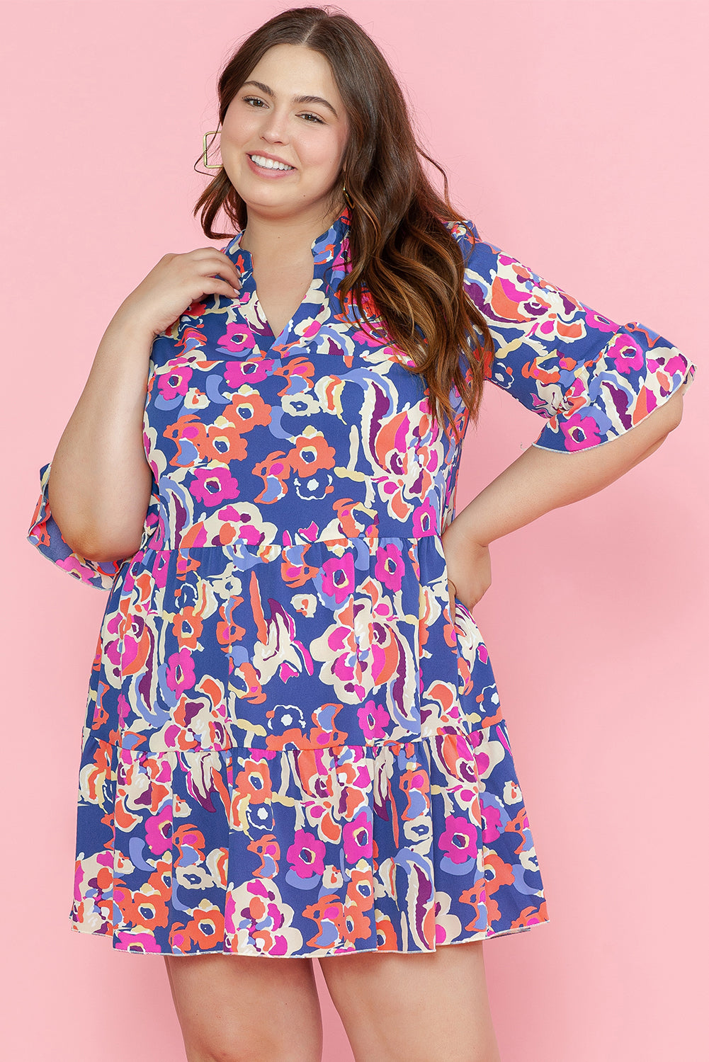 Blue Plus Size Floral Print Bell Sleeve Mini Dress