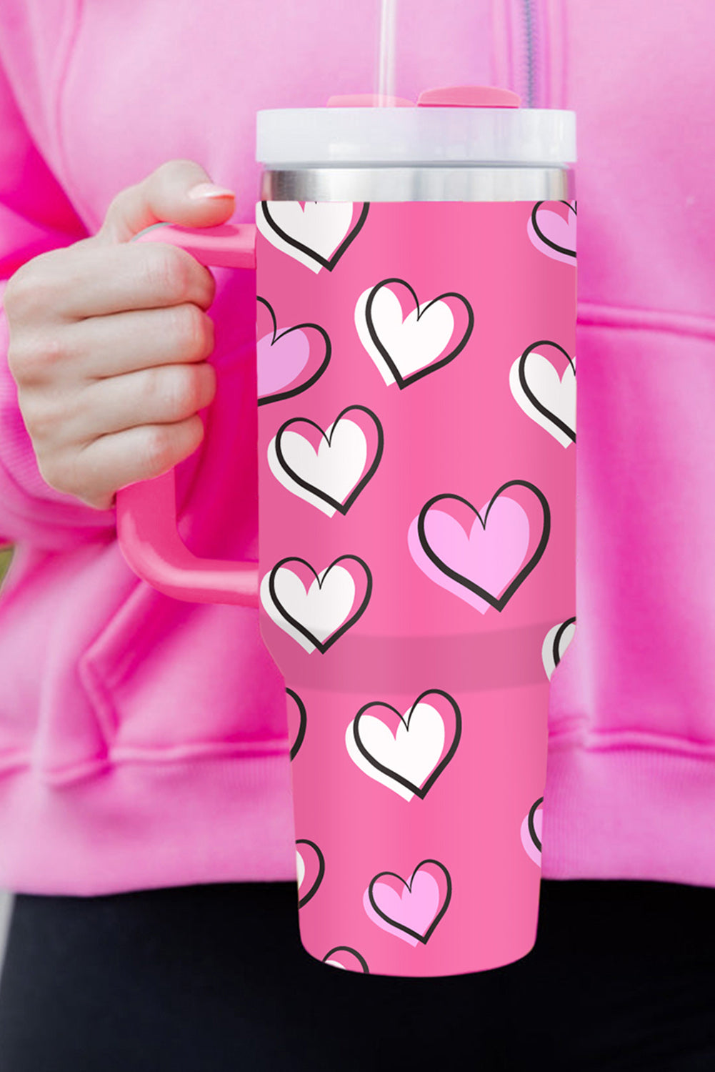 Black Valentines Heart Printed Thermos Cup with Handle