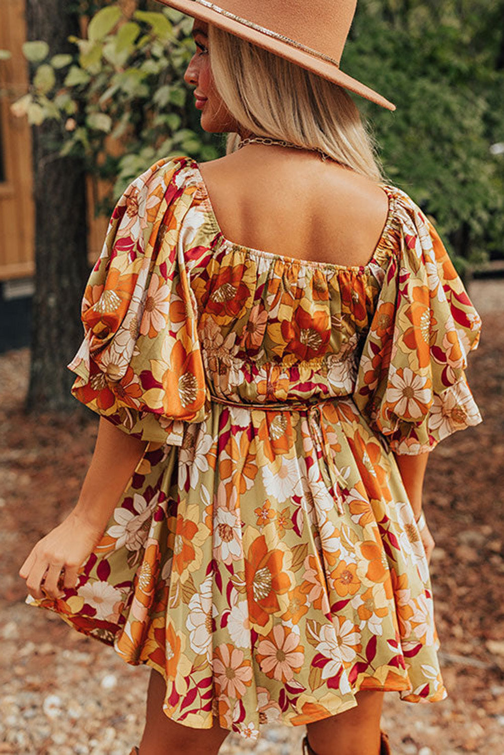 Multicolor Floral Printed Square Neck Half Sleeve Mini Dress