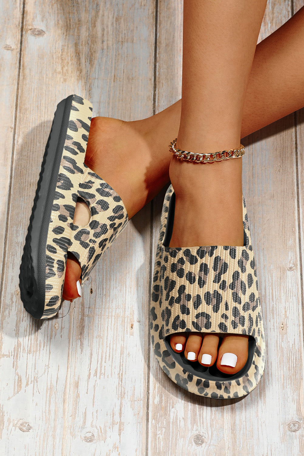 Pink Leopard Cloud Slides Thick Sole Flat Slippers