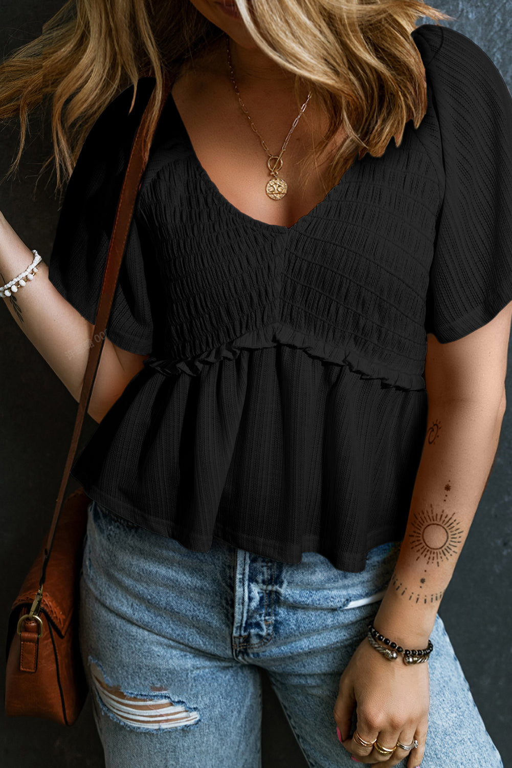 Black Shirred V Neck Short Flutter Sleeve Textured Blouse