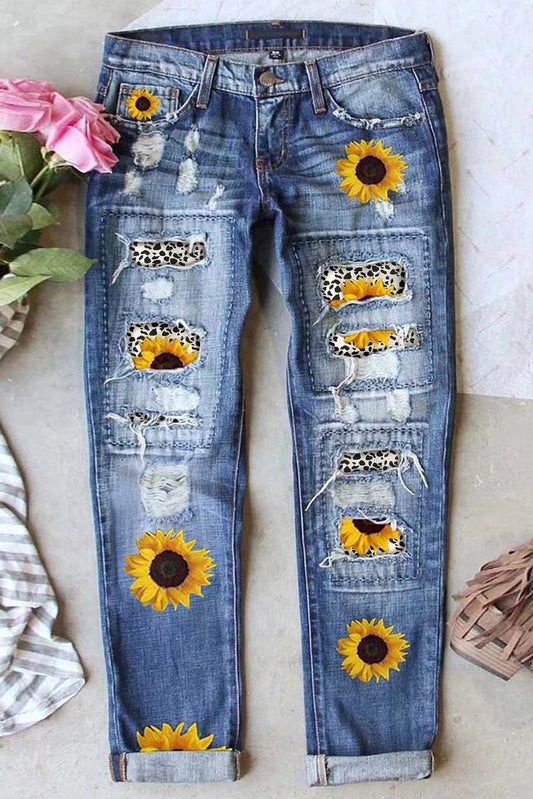 Blue Sunflower Print Ripped Mid Rise Straight Leg Graphic Jeans