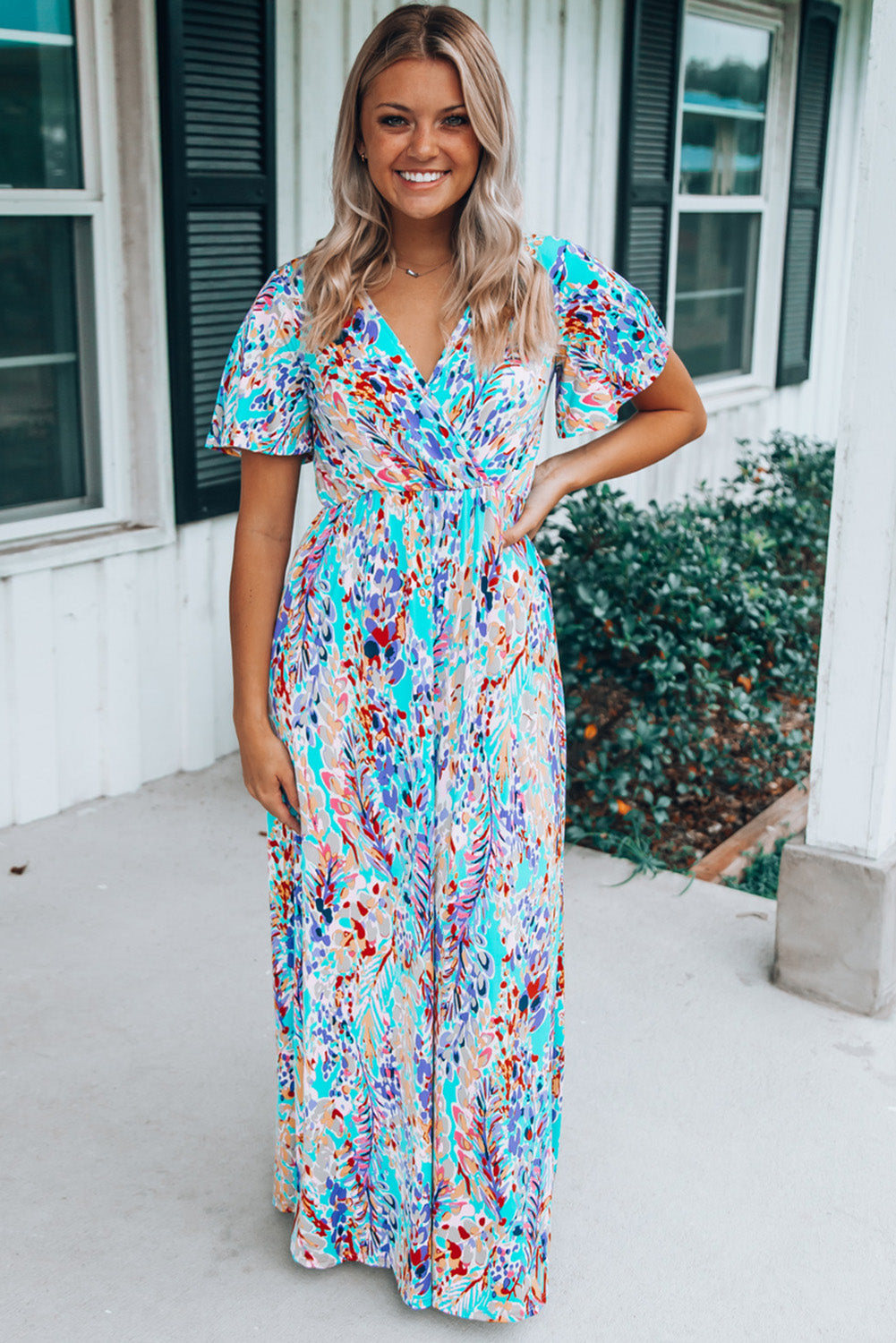 Abstract Botanic Print Wrap V Neck Short Sleeve Maxi Dress