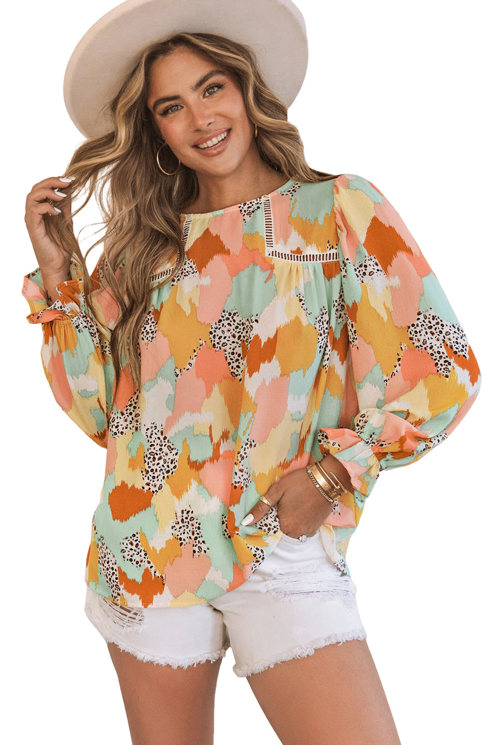 Multicolor Abstract Bohemian Puff Sleeve Blouse