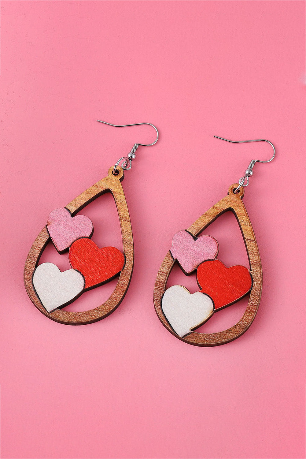 Red Valentines 3 Hearts Insert Water Drop Earrings