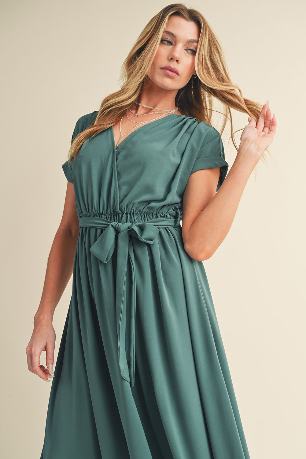 Green Wrap V Neck Belted Pleated Maxi Dress