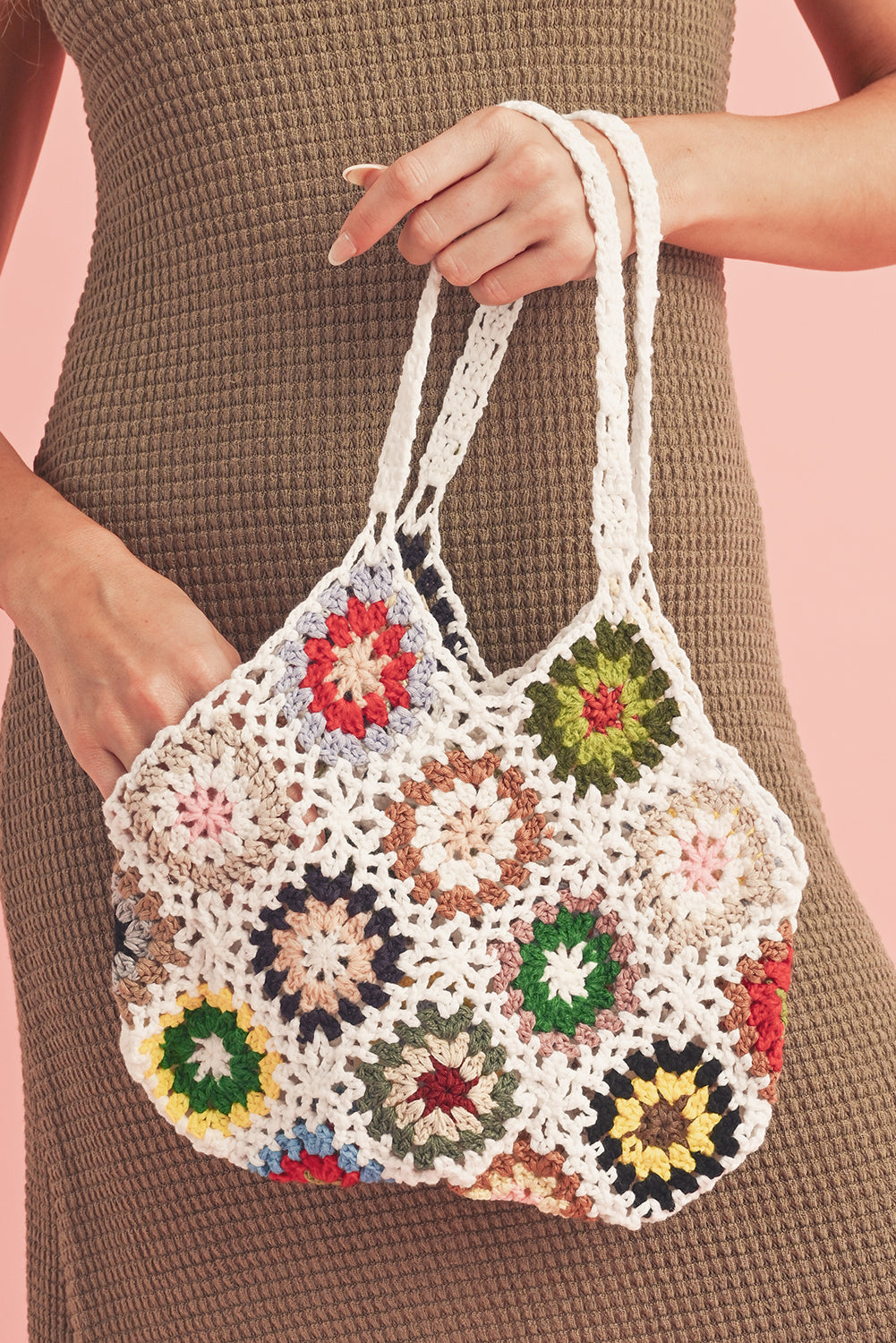 White Boho Floral Crochet Retro Hollowed Tote Bag