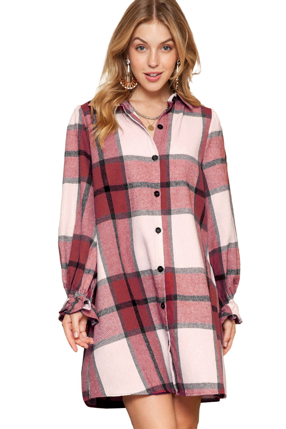 Brown Plaid Collared Ruffle Sleeve Button Up Shirt Dress