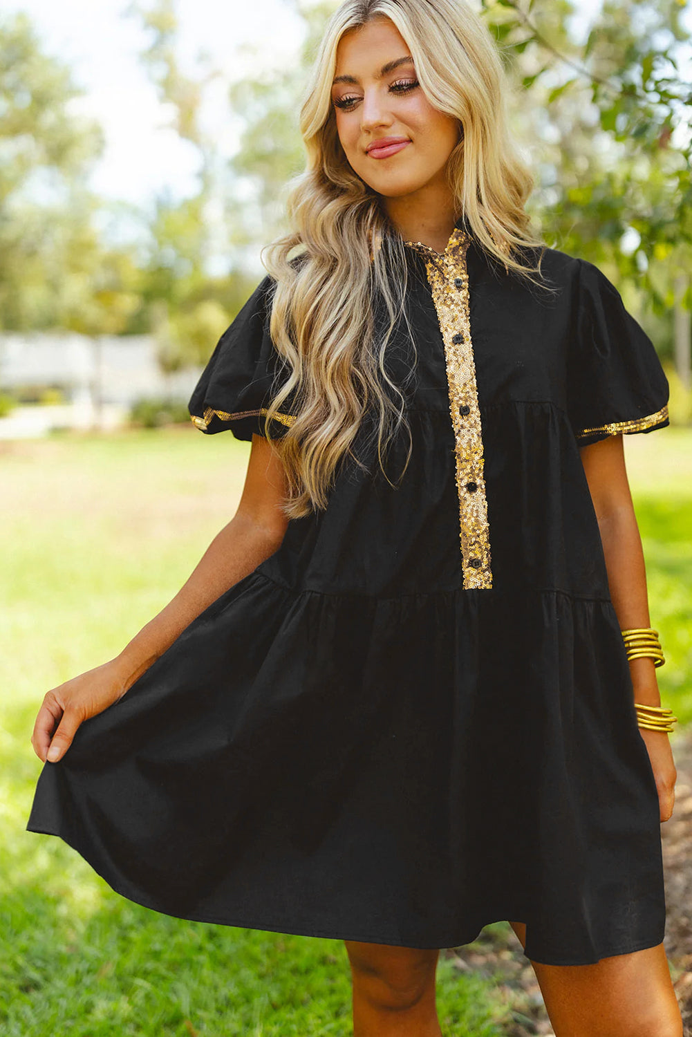 Black Sequin Trim Bubble Sleeve Tiered Mini Dress