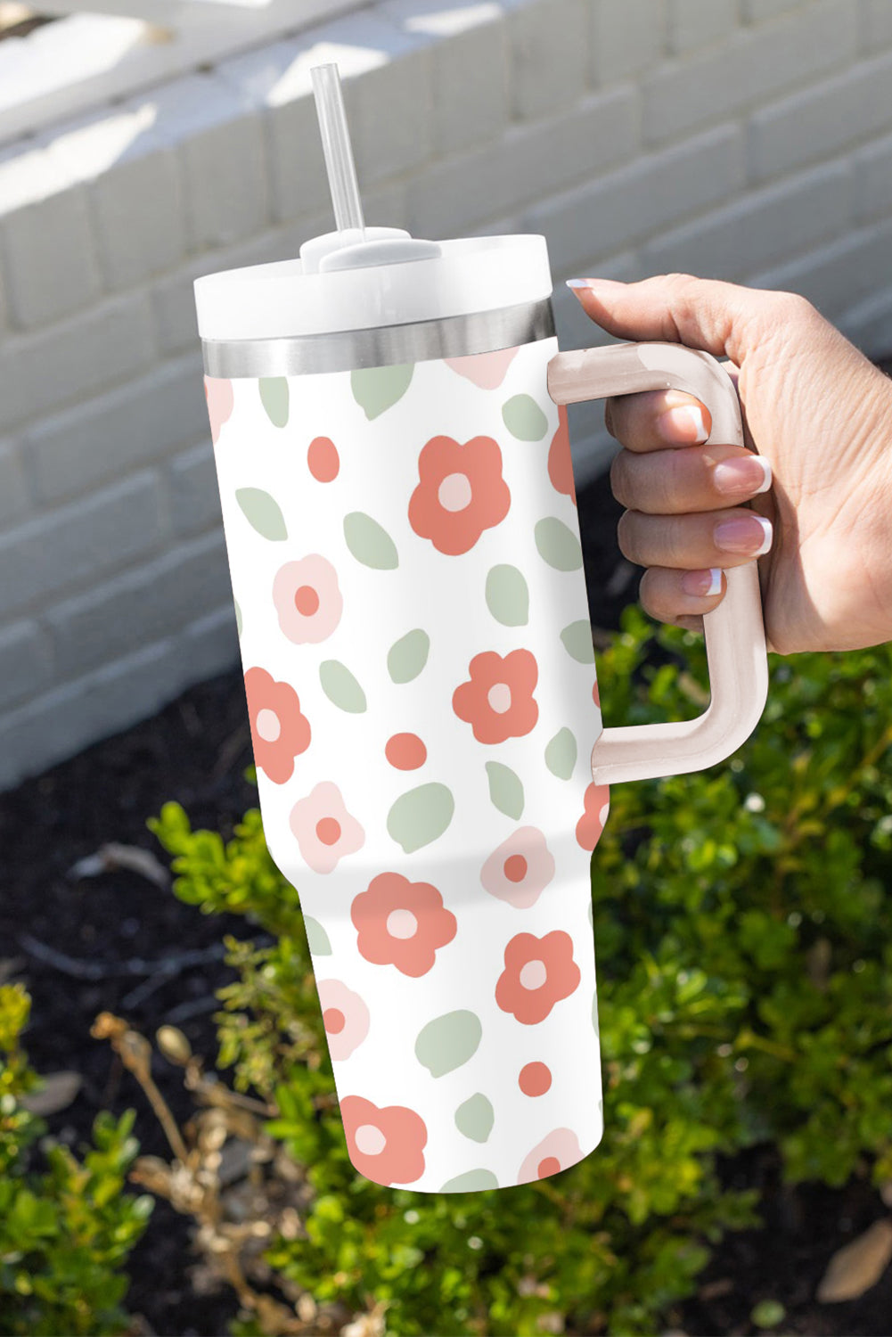 White Floral Print Stainless Large Portable Cup 1200ml