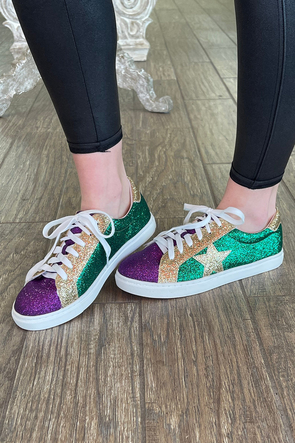 Blackish Green Mardi Gras Glitter Colorblock Lace up Flat Shoes