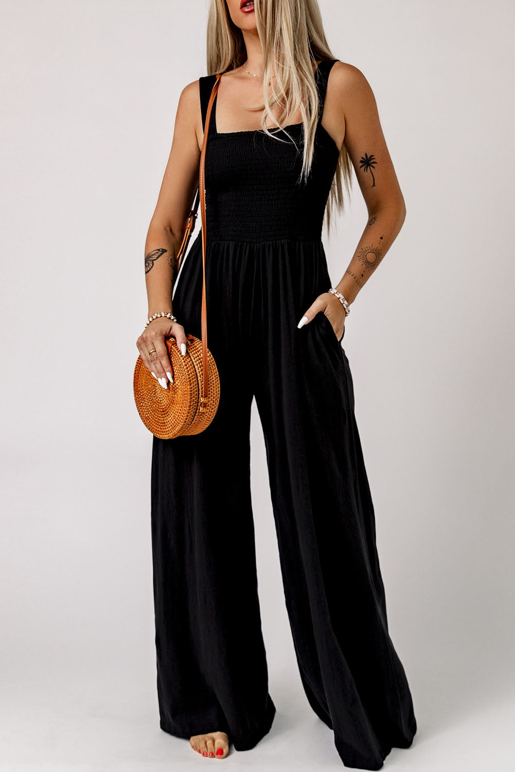 Green Casual Smocked Pocketed Wide Leg Jumpsuit