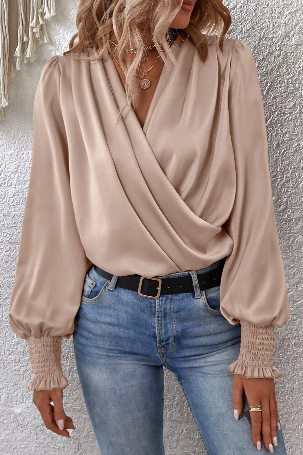 Apricot Draped Long Sleeve Wrap Dressy Blouse