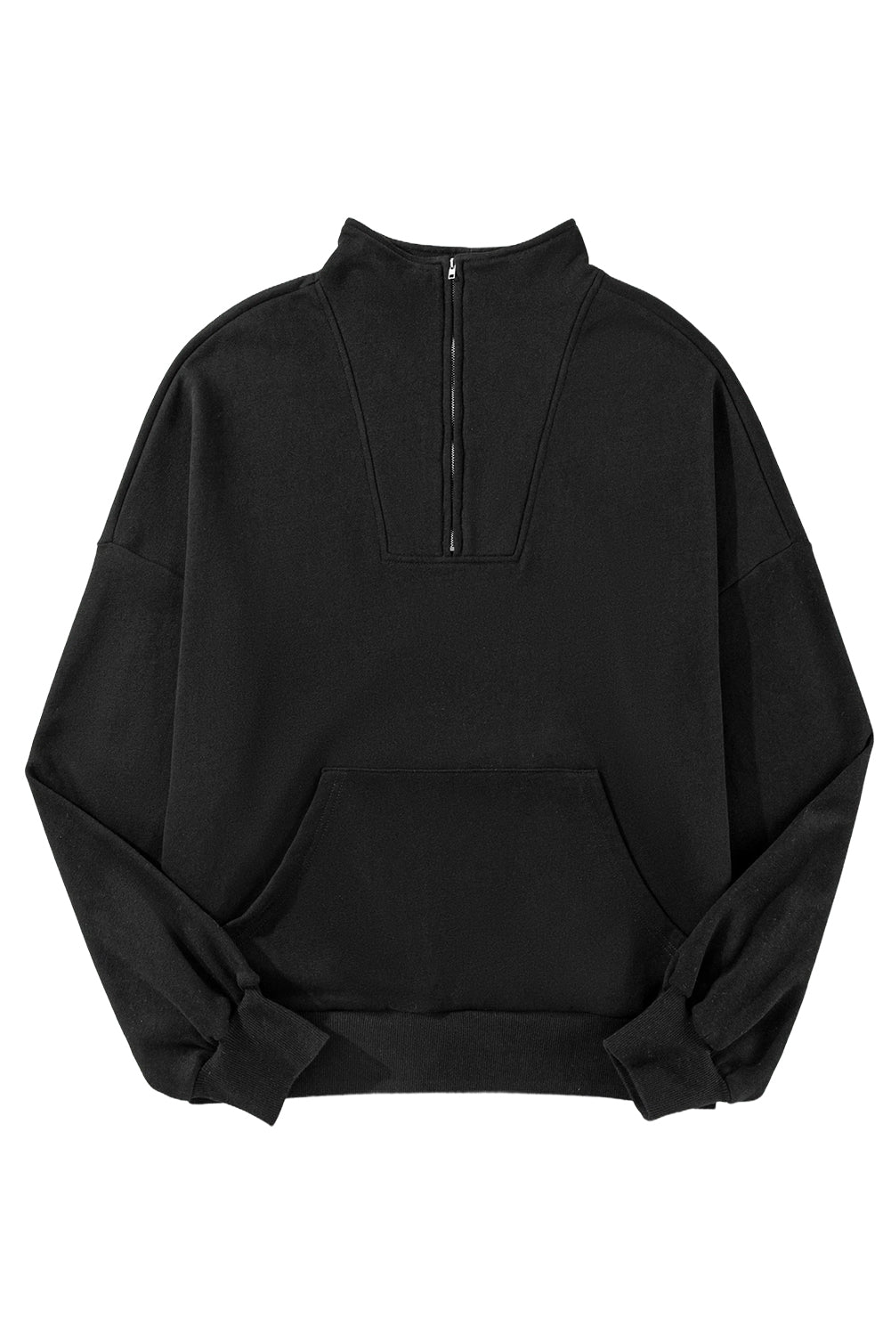 Black Zip-up Stand Neck Kangaroo Pocket Sweatshirt