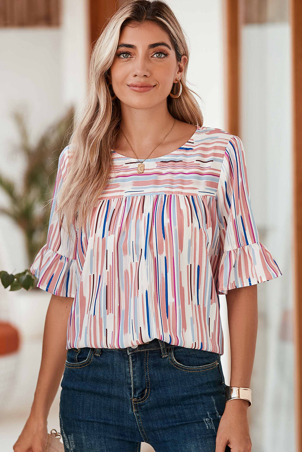 White Colorblock Striped Ruffle Half Sleeve Blouse