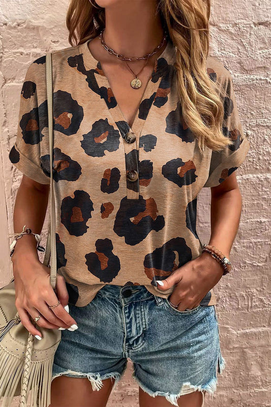 Light Beige Leopard Print Button V Neck T Shirt