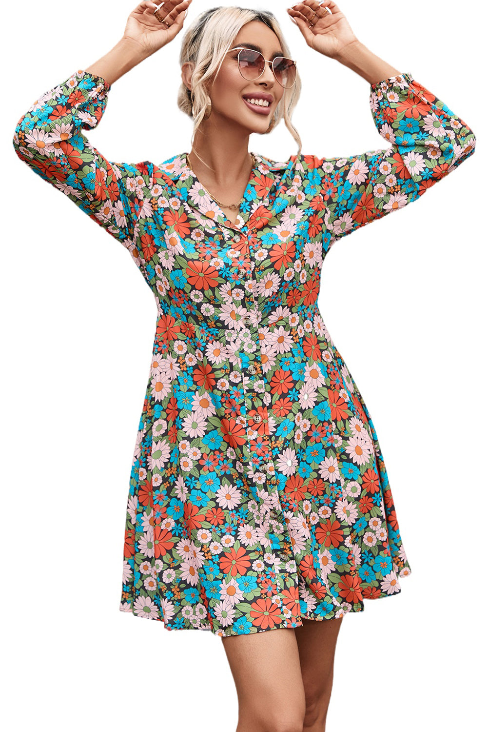 Multicolour Vibrant Floral Print Lapel Collar Button Closure Shirt Dress