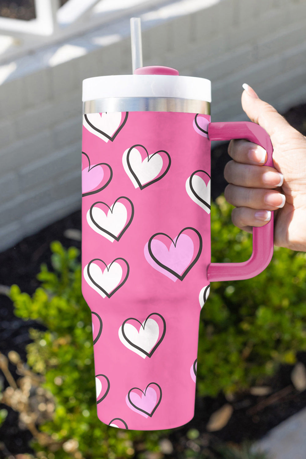 Black Valentines Heart Printed Thermos Cup with Handle