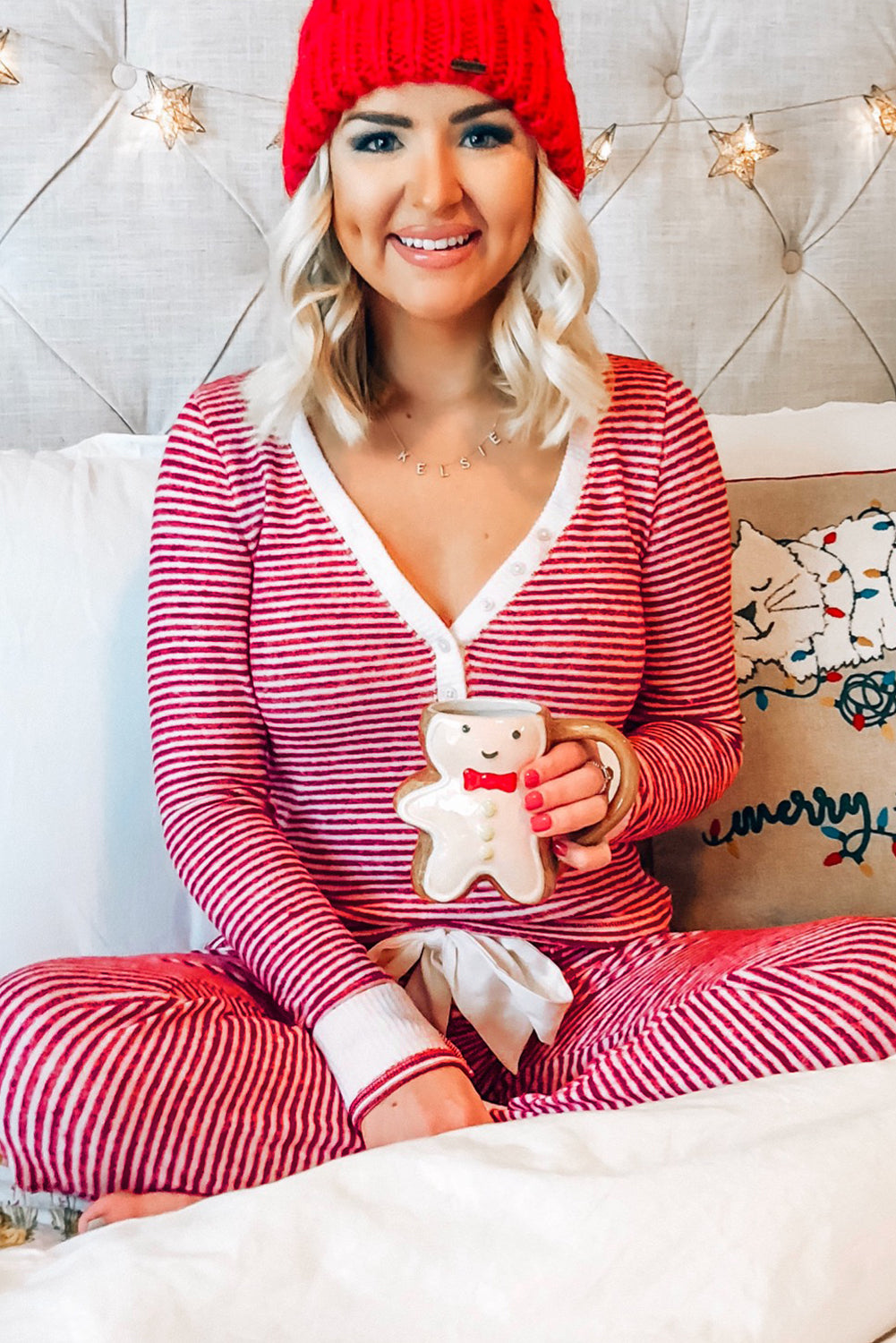 Red Stripe Buttoned V Neck Top and Knotted Waist Pants Pajama Set